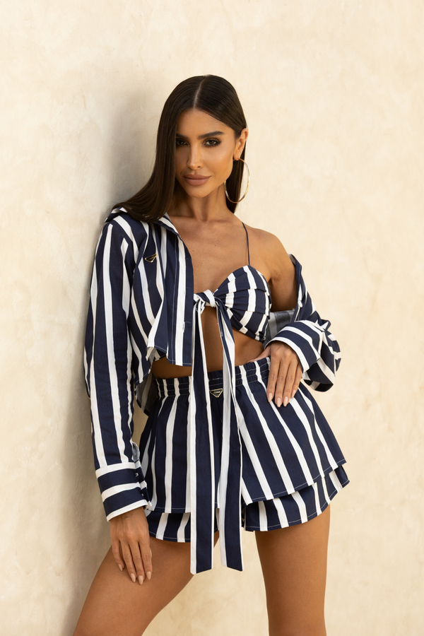 Camisa Listrada Feminina Azul Marinho Manga Longa — Stripe Shirt — Náurea Collection