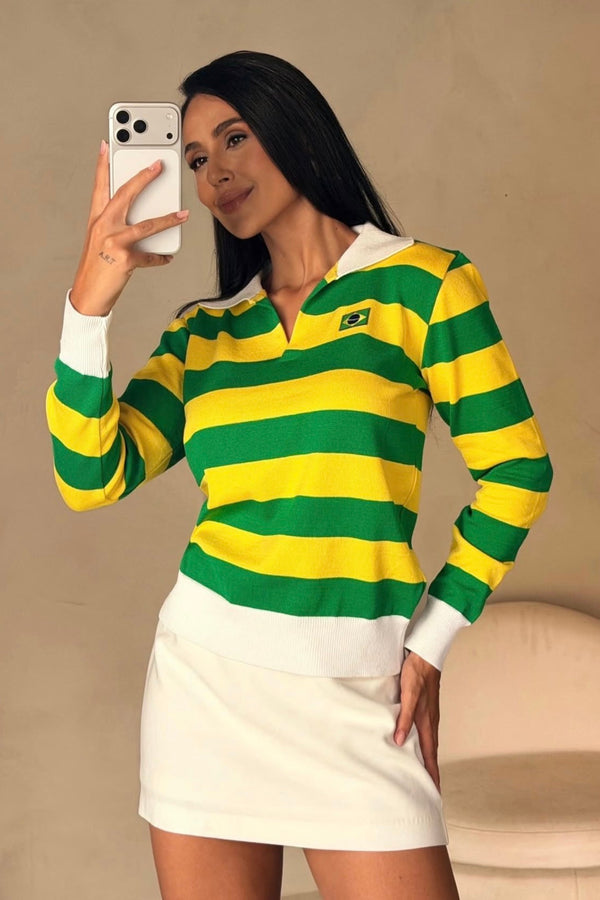 TRICÔ FEMININO POLO LISTRADO BRASIL — VERDE AMARELO WHITE