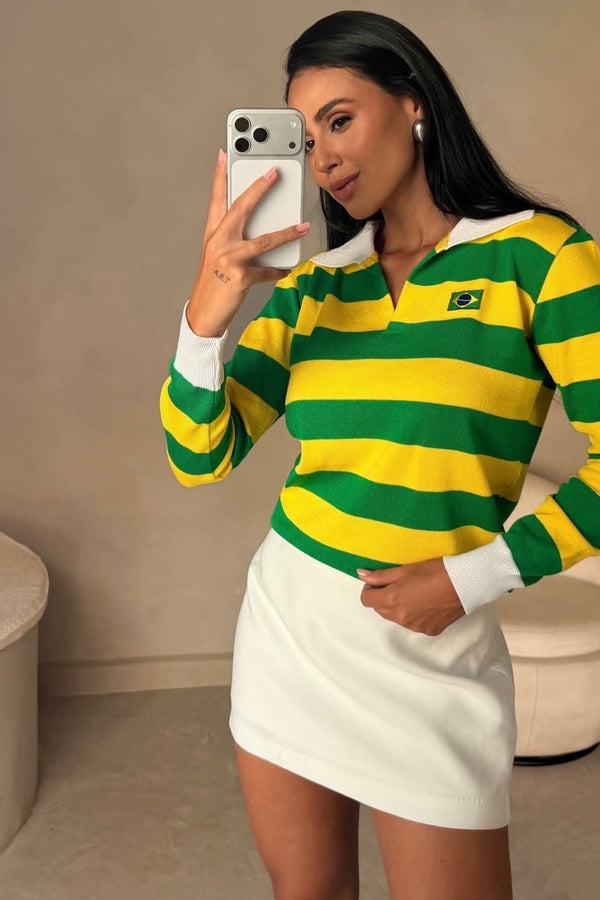 TRICÔ FEMININO POLO LISTRADO BRASIL — VERDE AMARELO WHITE