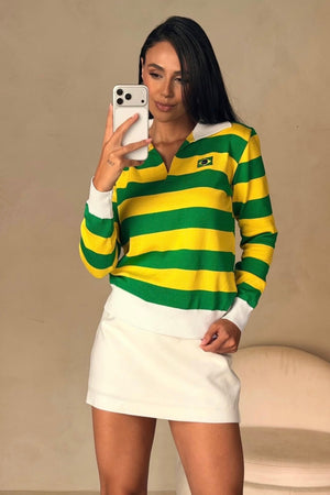 TRICÔ FEMININO POLO LISTRADO BRASIL — VERDE AMARELO WHITE