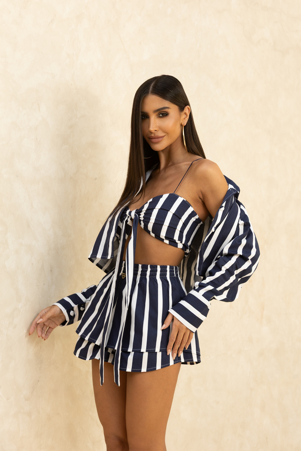 Camisa Listrada Feminina Azul Marinho Manga Longa — Stripe Shirt — Náurea Collection