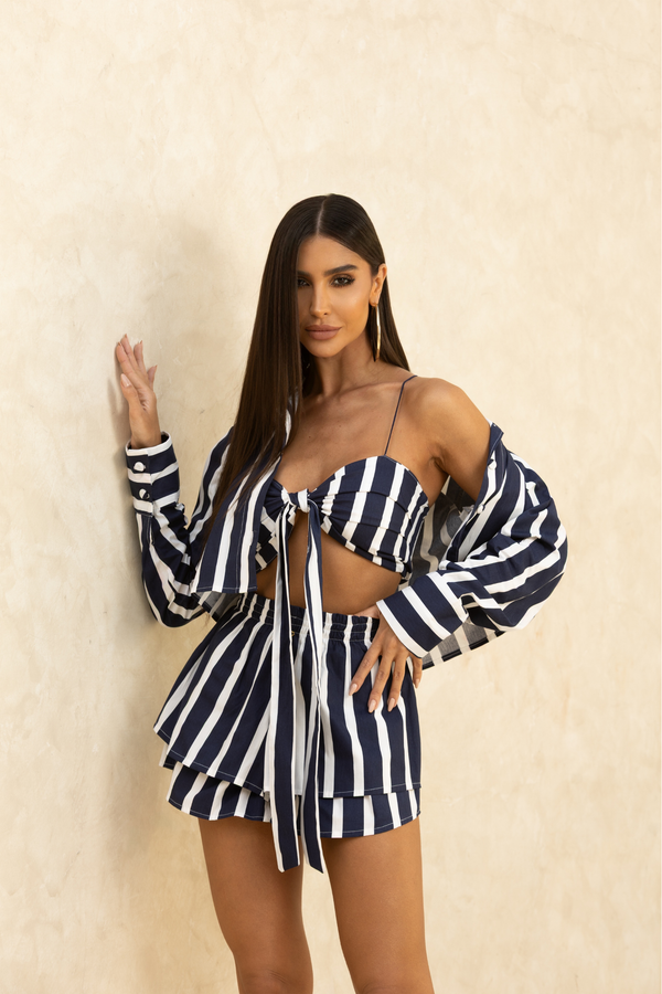 Camisa Listrada Feminina Azul Marinho Manga Longa — Stripe Shirt — Náurea Collection