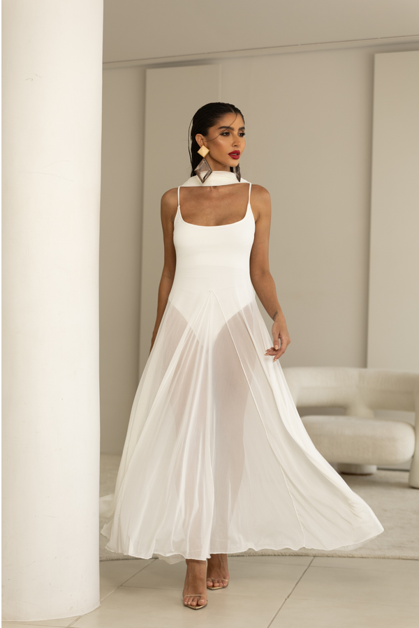 Vestido Midi Branco com Tule Feminino — Ethereal Dress — Náurea Collection