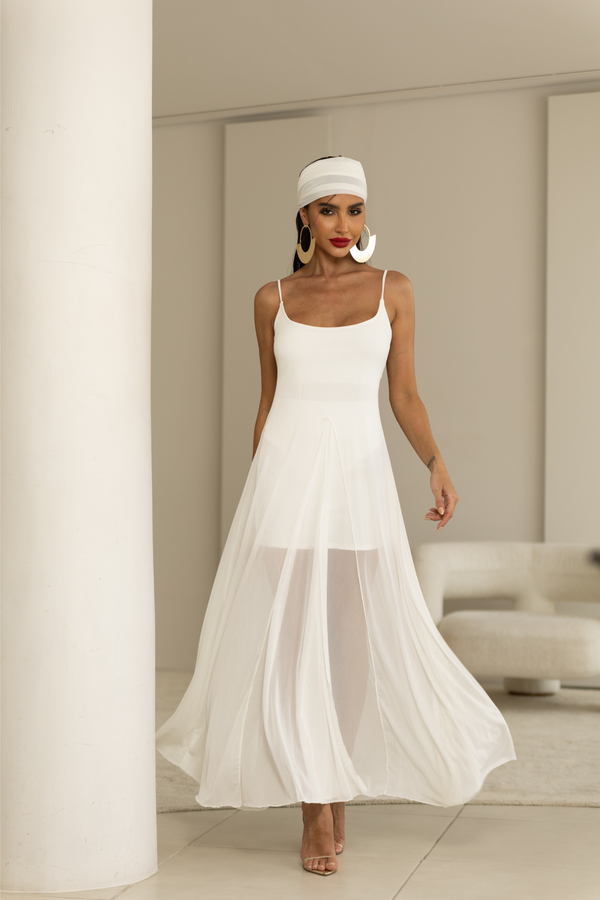 Vestido Midi Branco com Tule Feminino — Ethereal Dress — Náurea Collection