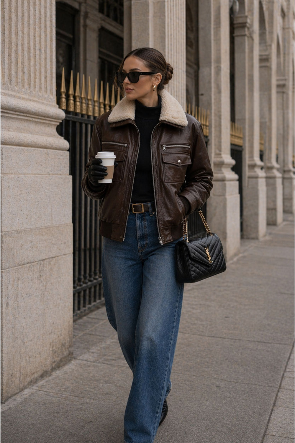 Jaqueta de couro feminina com gola de pelo preta — Urban Cosy Náurea