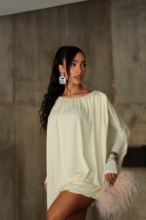 Vestido Feminino Manga Longa Balloon com Barra Franzida — Celeste — Náurea Collection