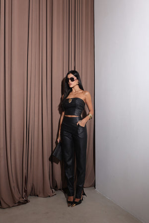 Conjunto de couro feminino top tomara que caia e calça cintura alta marsala — Dark Obsession Náurea