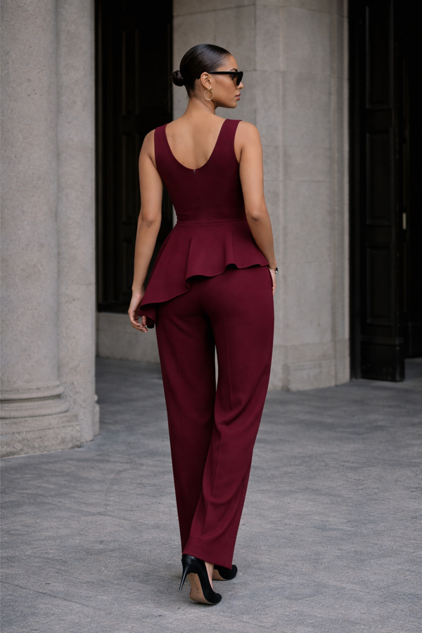 Conjunto de alfaiataria feminino peplum e calça reta marsala — Sophisticated Shape Náurea