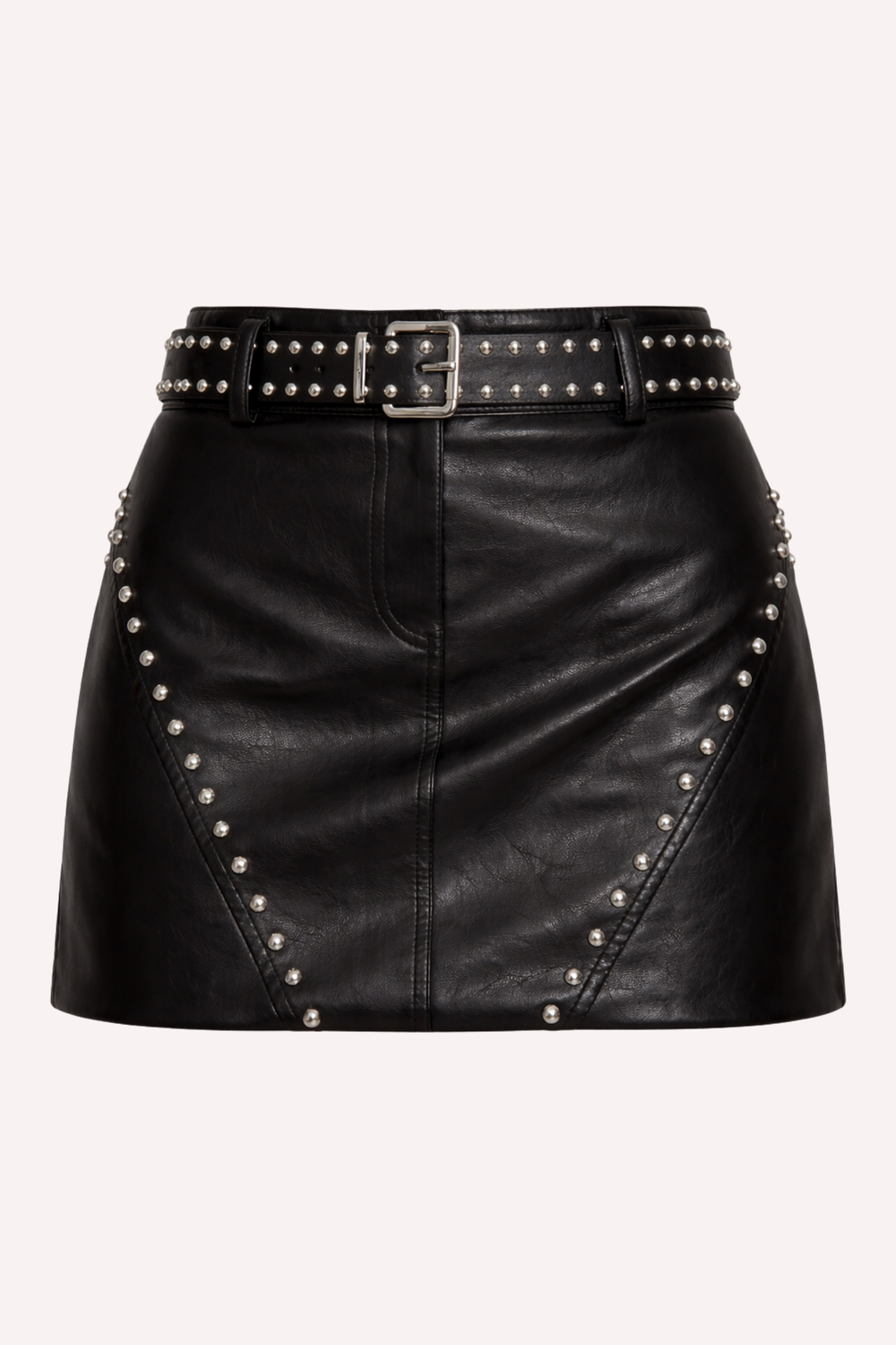 Saia de couro PU feminina curta preta com tachas e cinto — Bold Edge Náurea