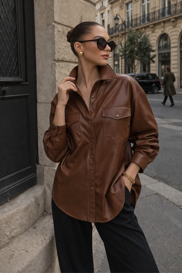 Camisa de Couro Feminina Marrom Oversized — Modern Leather Shirt — Náurea Collection
