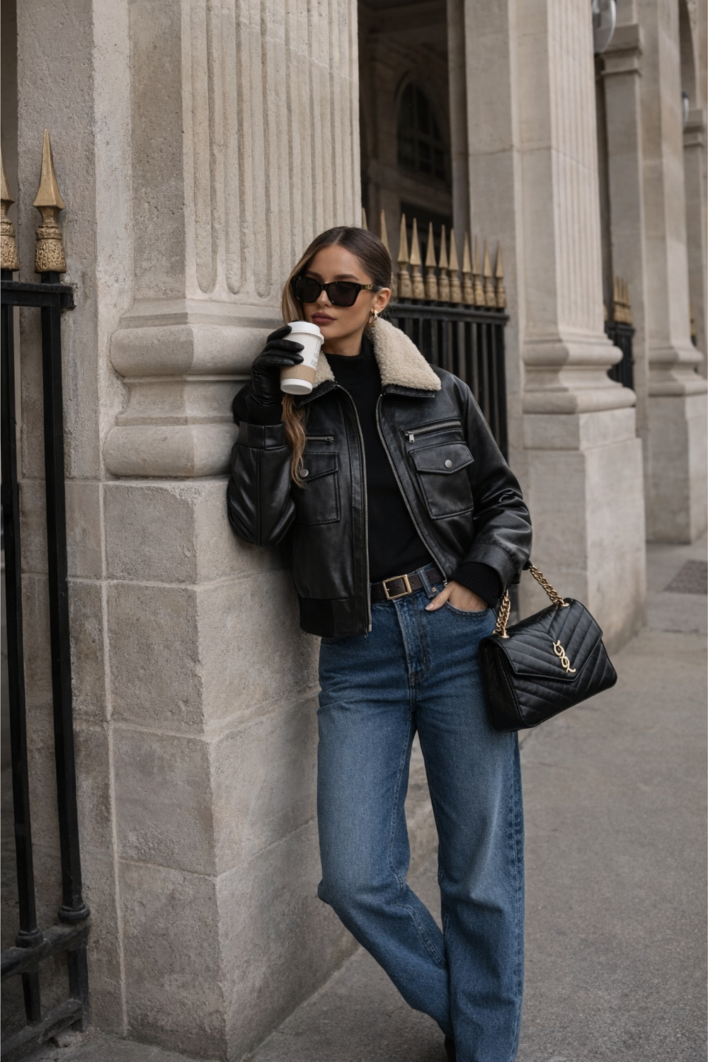 Jaqueta de couro PU feminina preta com gola peluciada Urban Cozy da Náurea Collection