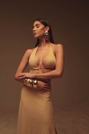 Vestido Maxi Bege com Recortes Laterais Feminino — Golden Hour — Náurea Collection