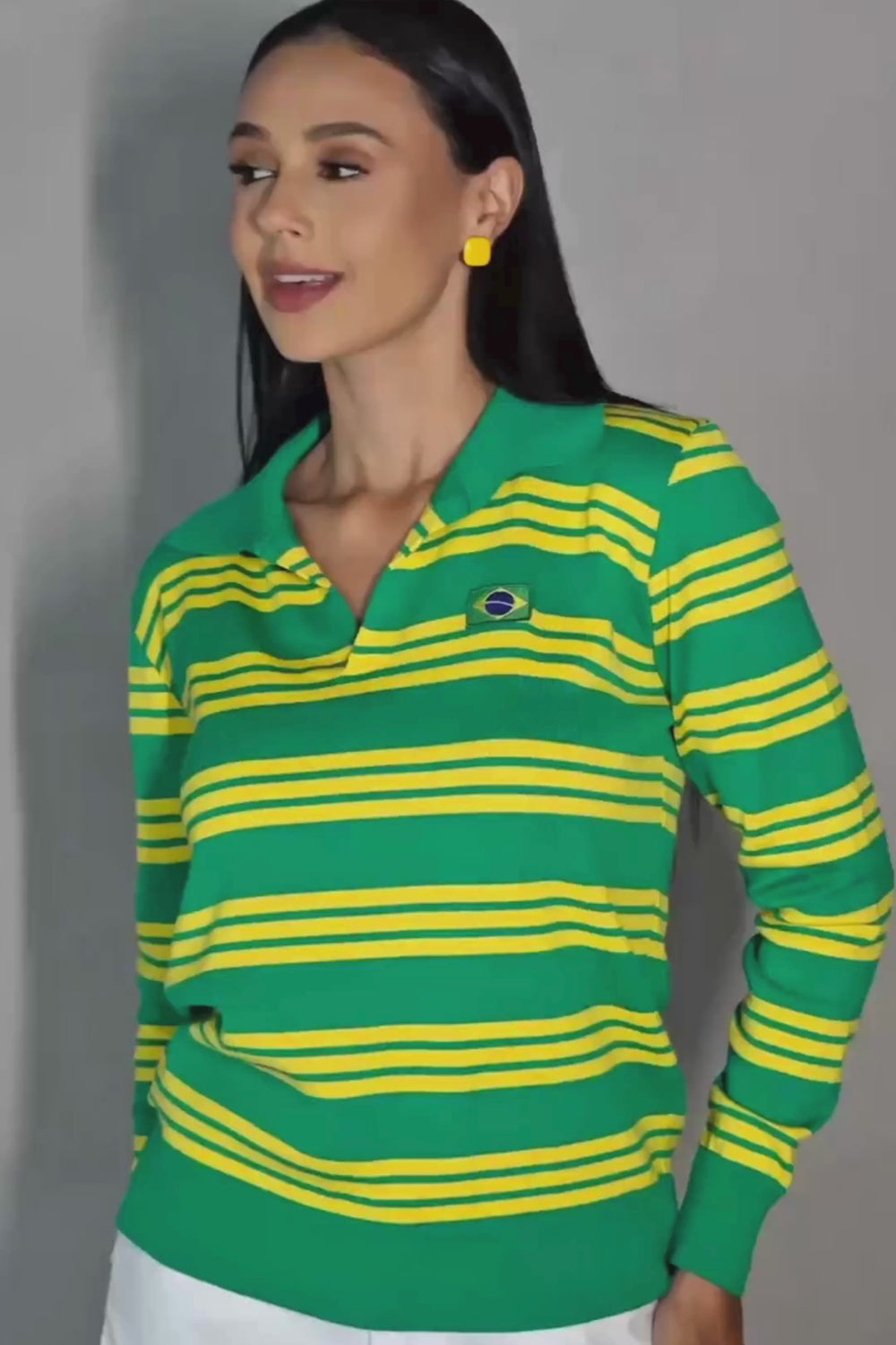 TRICÔ FEMININO POLO LISTRADO BRASIL — CANARINHO